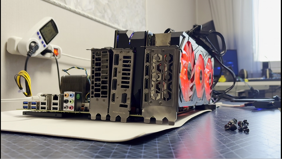 Стенд из трех видеокарт для запуска gpt-oss-120