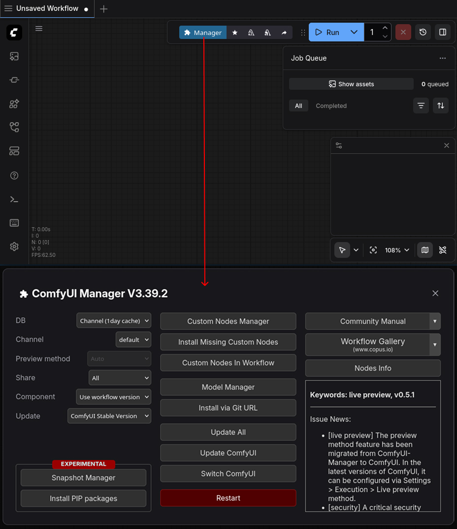 Веб-интерфейс ComfyUI с установленным ComfyUI Manager