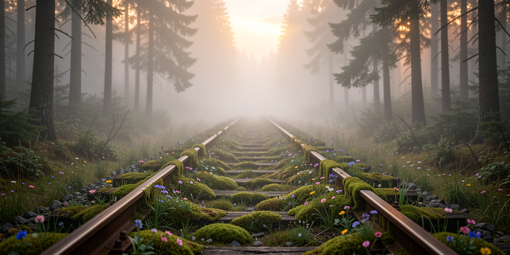 Заброшенная железная дорога в лесу